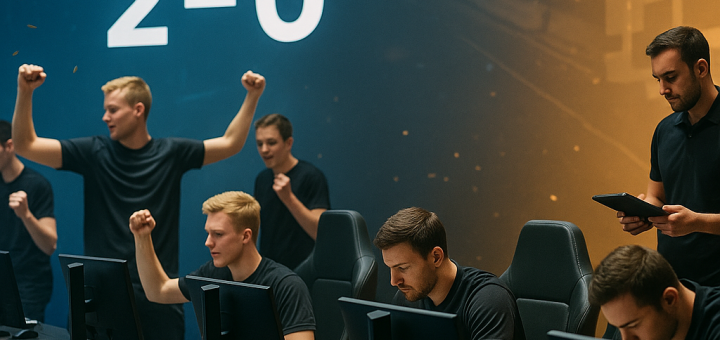 Editorial photo of a CS2 arena: PARIVISION celebrate a 2–0 win while FALCONS sit