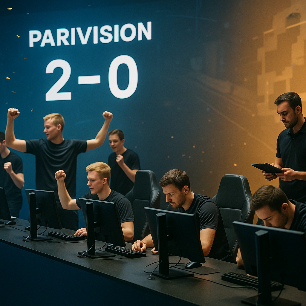 Editorial photo of a CS2 arena: PARIVISION celebrate a 2–0 win while FALCONS sit